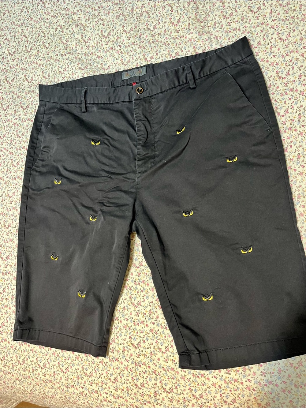 Men's Fendi Bad Bugs Monster Eyes Black Embroidered Chino Shorts. 38